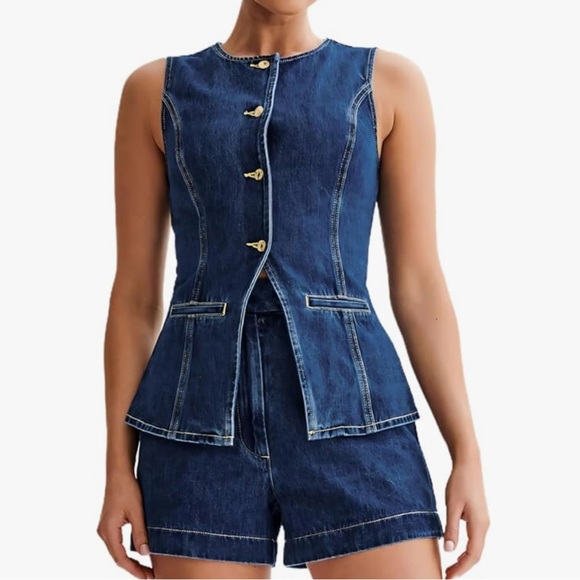 Women Blazer Vest 2 Piece Denim Set - Picture 1 of 6